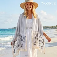 【WOONUE】 頂級蠶絲羊毛混紡防曬披肩海灘圍巾絲巾禮服披肩朋友送禮生日禮物母親節禮物媽媽女友老婆禮物情人節 梅櫻映月-銀羽