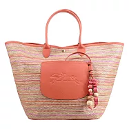 LONGCHAMP LE PLIAGE COLLECTION系列前口袋拉菲草編織提籃包(大) 彩虹x橘