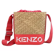 KENZO 簡約英字LOGO草編斜背抽繩束口水桶包.桃邊
