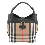 BURBERRY Sycamore 格紋帆布及牛皮中型 Hobo包(黑色)_展示品