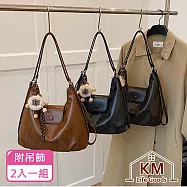 【KM生活】韓系復古雲朵肩背包/超大容量百搭單肩包/氣質通勤包(附吊飾)2入/組_3色任選 典雅黑+摩卡咖