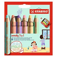 STABILO 德國 思筆樂 woody 3 in 1 伍迪樂三合一可水洗水彩粉蠟筆 附削筆器 馬卡龍6色組/盒 ST8806-3