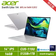 ★硬碟升級★Acer 宏碁 Swift Lite 14 SFL14-54M-52F2 銀 14筆電 特仕版(CU5-115U/16G/512G+1TB/W11/2年保)