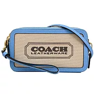 COACH CI026 燙印LOGO帆布拼接手提/雙拉鍊斜背包.藍邊