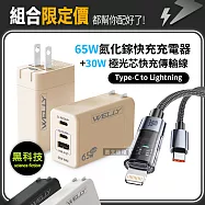 30W 極光芯 Type-C to Lightning 耐拉傳輸充電線+65W氮化鎵GaN 三孔極速充電器 黑色+黑線