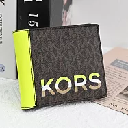 【全新福利品】MICHAEL KORS COOPER 經典MK印花撞色8卡短夾.咖/螢光黃