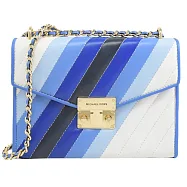 【全新福利品】MICHAEL KORS Rose 斜格紋小香風壓扣翻蓋鍊包. 藍白