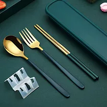 【EZlife】304不鏽鋼歐式便攜餐具四件套 金綠