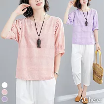 【ACheter】復古全棉蕾絲刺繡燈籠五分袖寬鬆上衣#108849─ M 粉紅