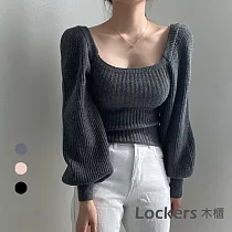 【Lockers 木櫃】復古泡泡袖方領針織上衣─3色 L110120601 灰色