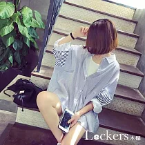 【Lockers 木櫃】春夏大碼男友風條紋襯衫 L111042706 M 藍色