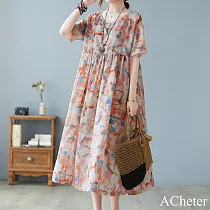【ACheter】 夏日和風棉麻花色寬鬆大擺裙洋裝# 112461 XL 紅色
