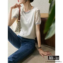 【Jilli~ko】韓版復古溫柔風氣質緹花鏤空短袖針織衫 J9115 FREE 白色