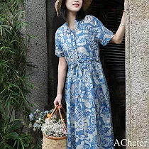 【ACheter】 古都短袖涼感棉麻系帶洋裝# 113206 L 花紋