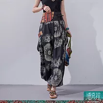 潘克拉 | 泰國曼陀羅花布半鬆緊手工織口袋中性款燈籠褲 TM1361 FREE 黑色
