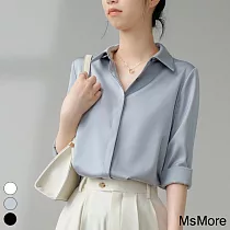 【MsMore】 緞面長袖百搭暗門襟垂感輕熟女OL中長版寬鬆襯衫上衣# 113803 L 藍色
