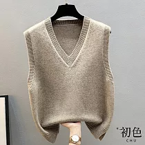 【初色】V領寬鬆甜美針織背心上衣─共4色─63896(F可選) F 卡其色