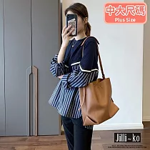 【Jilli~ko】韓版寬鬆連帽襯衫拼接衛衣 L J10000 L 藍色
