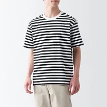 【MUJI 無印良品】男有機棉水洗粗織圓領短袖T恤 L 黑橫紋