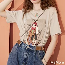 【MsMore】 妖精的正肩顯瘦印花短袖t恤圓領寬鬆休閒百搭短版上衣# 116871 L 杏色
