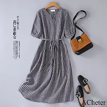 【ACheter】 復古色織棉麻格子森系文藝圓領寬鬆日系中長款短袖連身裙洋裝# 117173 2XL 條紋色