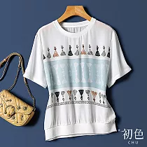 【初色】文藝流蘇插圖印花圓領短袖雪紡T恤上衣─共2色─68297(M─2XL可選) L 淺藍色