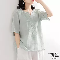【初色】棉麻風短袖寬鬆V領刺繡襯衫上衣─共6色─67336(M─2XL可選) L 淺綠