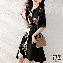 【初色】藝術印花拼接收腰連身洋裝─黑色─67280(M─XL可選) M 黑色
