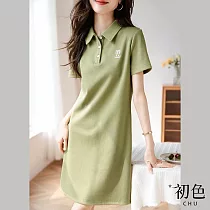 【初色】POLO領寬鬆兔子刺繡休閒短袖連身裙洋裝─綠色─68342(M─2XL可選) XL 綠色