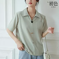 【初色】鈕扣裝飾翻領口袋設計襯衫上衣─共2色─67355(M─XL可選) XL 淺綠