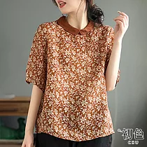 【初色】棉麻風寬鬆小圓領五分袖上衣─共3色─67465(M─2XL可選) XL 橘黃