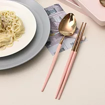 【韓國Ssueim】Mariebel 莫蘭迪 不鏽鋼餐具2件組(湯匙+筷子) ‧ 玫瑰粉