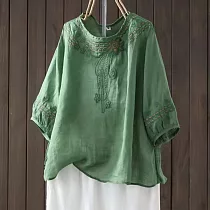【ACheter】 復古麻感文藝手工刺繡圓領七分袖氣質薄款寬鬆中長上衣# 118308 2XL 墨綠色