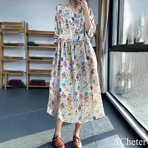 【ACheter】 獨特別緻森林系棉麻感碎花連身裙短袖寬鬆長版洋裝# 118373 M 花紋色