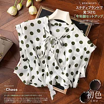 【初色】波點撞色印花V領綁帶無袖雪紡T恤上衣─共2色─68821(M─2XL可選) M 白色