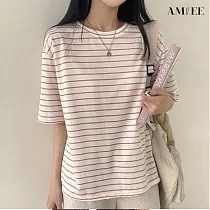 【AMIEE】小清新學生風條紋百搭棉上衣(4色/M─2XL/KDTY─3066) M 紅色
