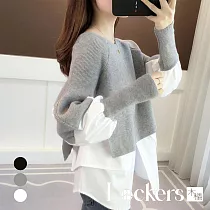 【Lockers 木櫃】秋季日系假兩件針織上衣 L112090402 XL 灰拼白色XL