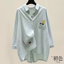 【初色】休閒棉麻襯衫大尺碼圖案刺繡翻領上衣─共3色─66483(M─2XL可選) L 淺綠