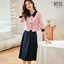 【初色】翻領小香風撞色優雅長袖襯衫+半身百褶裙套裝─粉黑色─30303(M─2XL可選) XL 粉黑色