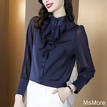 【MsMore】 花邊立領子襯衫藏青色荷葉邊長袖修身短版上衣# 118859 L 藏青色