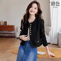 【初色】學院風金扣粗花呢短款百搭休閒圓領長袖外套上衣─黑色─30435(M─2XL可選) 2XL 黑色