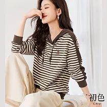 【初色】條紋兔子印花寬鬆抽繩連帽T恤上衣─卡其─31009(M─2XL可選) M 卡其