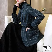 【初色】復古風顯瘦修身格紋平口領綁帶一粒釦長袖大衣西裝外套─墨綠色─31087(M─2XL可選) M 墨綠色