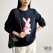 【初色】立體兔子印花圓領寬鬆休閒長袖T恤上衣─共3色─31162(M─2XL可選) XL 寶藍色