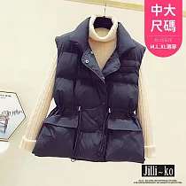 【Jilli~ko】韓版立領口袋開扣夾棉背心女抽繩束腰中大尺碼 J11207 FREE 黑色