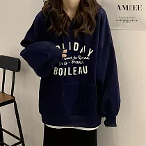 【AMIEE】舒適百搭英文字抽繩衛衣帽T(3色/M─2XL/KDTQ─527) M 藏藍