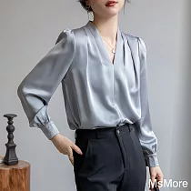 【MsMore】 韓版百搭V領緞面修身長袖襯衫款短版上衣# 120629 2XL 藍色