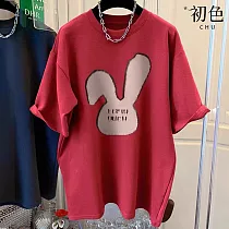 【初色】素色兔子圖案寬鬆中大尺碼圓領短袖T恤上衣女上衣─共5色─32844(M─2XL可選) XL 紅色