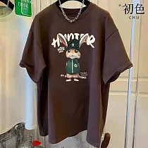 【初色】寬鬆卡通兔子圖案英文字母印花圓領短袖T恤上衣女上衣─共4色─32859(M─2XL可選) M 咖啡色