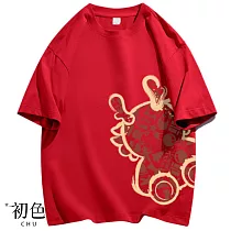 【初色】圓領寬鬆卡通小龍印花五分短袖中長款T恤上衣女上衣─共5色─32863(M─2XL可選) XL 紅色
